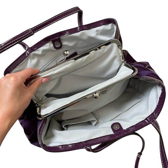 Vintage Coach Signature Dark Plum Purple Stripe Carryall Tote Shoulder-Bag Purse - Picture 9 of 11